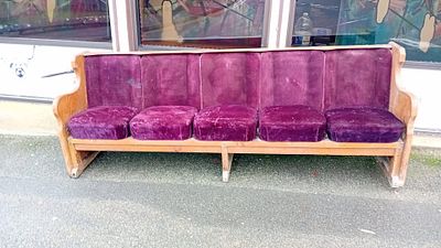 Altered Church Pew - Cinema Seat for 5 with original velvet. Measures 250cm long, 61cm deep and 