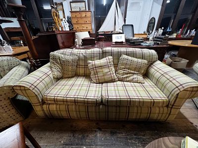 Fabric-upholstered Sofa. 3 Seater Sofa, a cream and red checked model similar to those by Laura 