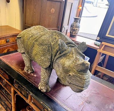 Handcarved Rhino Statue. This magnificent boy has been in an Orkney Garden for approx 7 years 