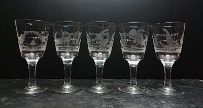 Set of 5 Victorian Cock Fighting Glasses. Superb condition, each engraved with the various 