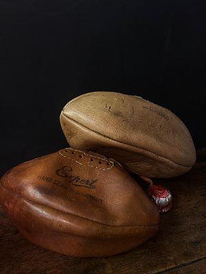 Two Vintage Leather Rugby Balls. We were in two minds about inflating these, they aren't 