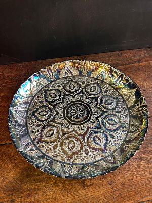 Large Carnival Glass plate in the Persian Medallion pattern. Pressed carnival glass with an 
