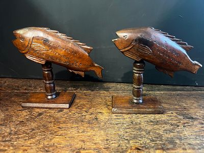 Pair of Pitcairn Island Flying Fish. Vintage, hand-carved wooden flying fish souvenirs from 
