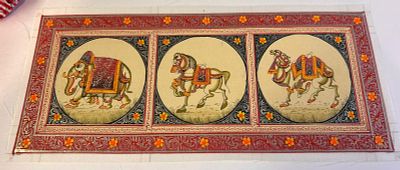 Traditional Indian Rajasthani miniature painting. Featuring an elephant, horse, and camel, often 