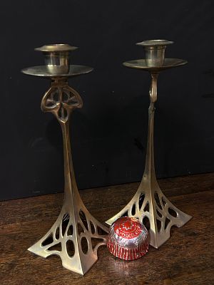 Art Nouveau Candlesticks. A beautiful pair of Art Nouveau brass plated candlesticks circa 1910. 