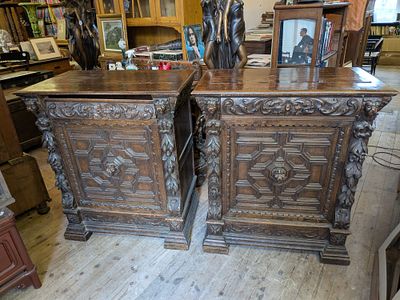 Pair of Victorian Gothic Revival Cupboards. Drawers are stamped Edwards & Roberts Edwards & 