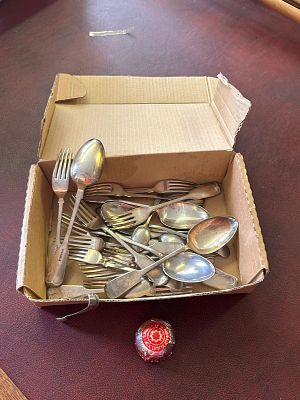 collection of vintage silver-plated flatware. Composition: These pieces are likely silver-plated 
