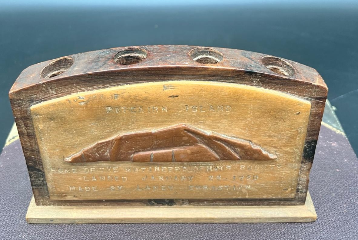Pitcairn Island Wood Pen Holder Signed by Lancy Christian