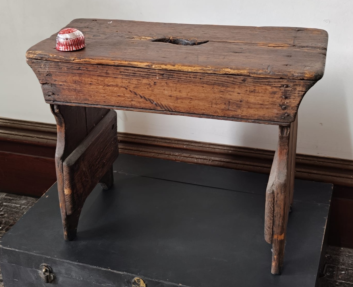 Antique Primitive Pine Footstool with Central Hand Hold