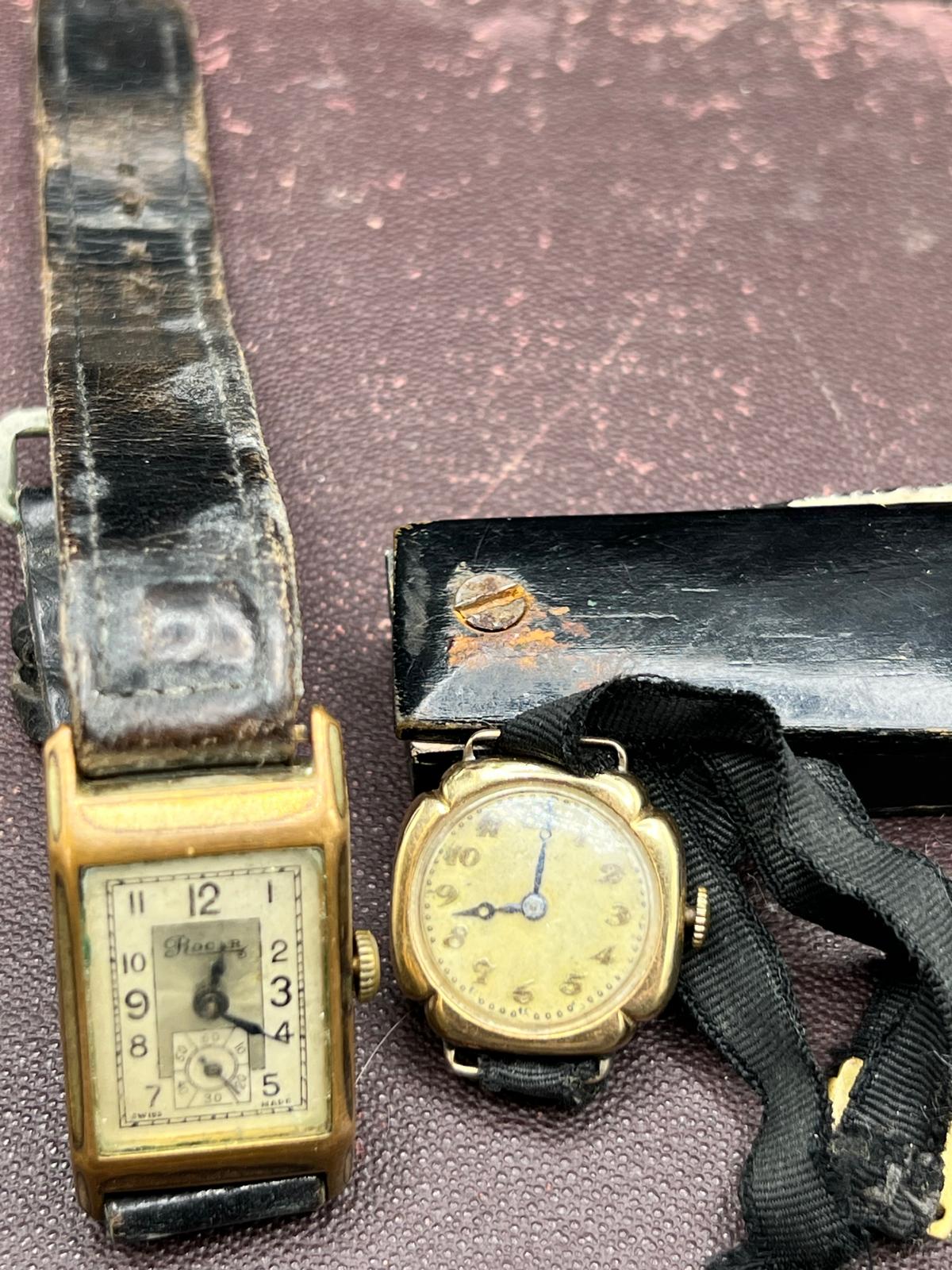Two Vintage Gold Tone Wristwatches Including a Swiss Rocar Tank Style Model