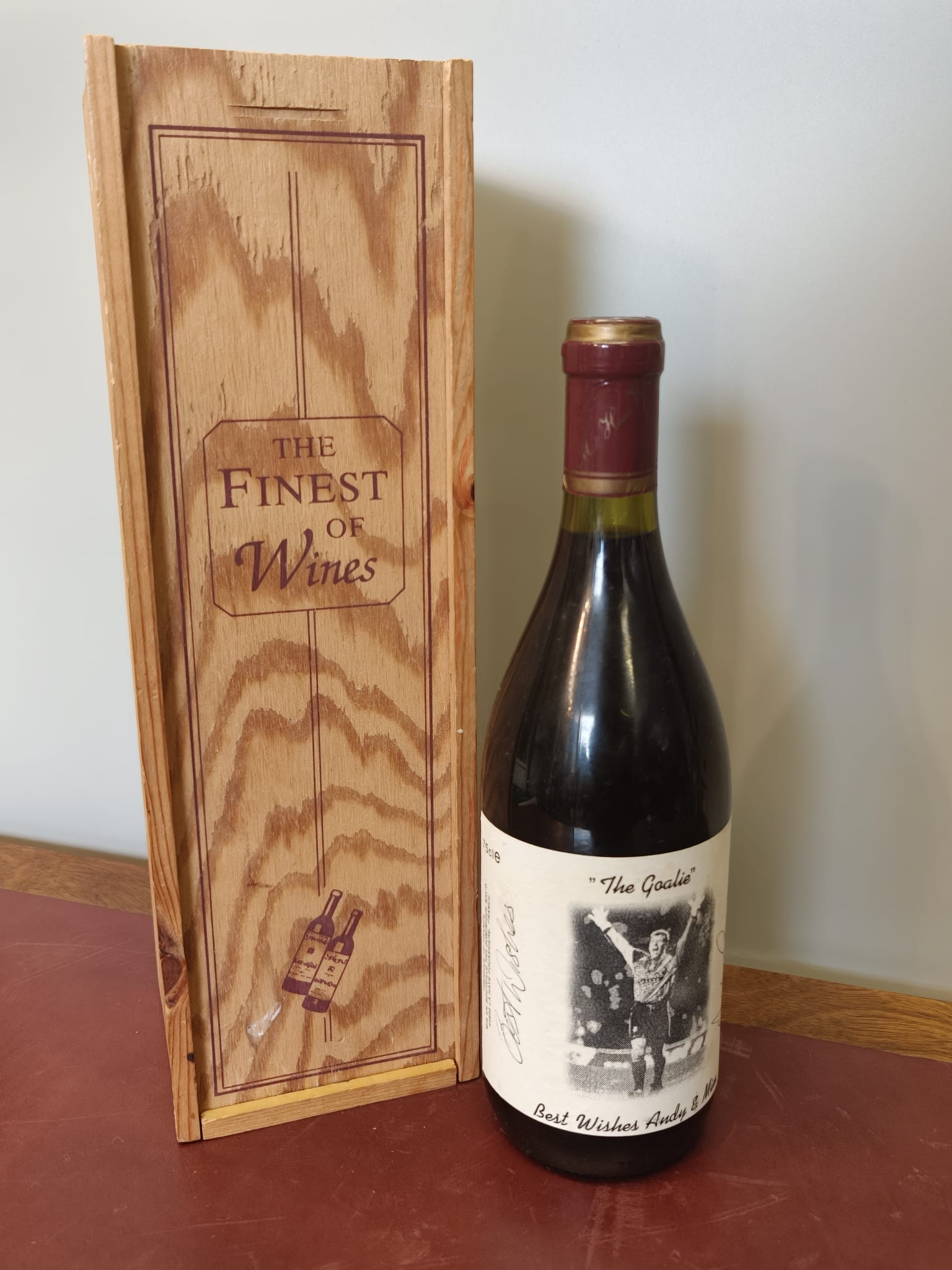 Andy Goram Signed The Goalie Commemorative Red Wine Bottle and Wooden Presentation Box