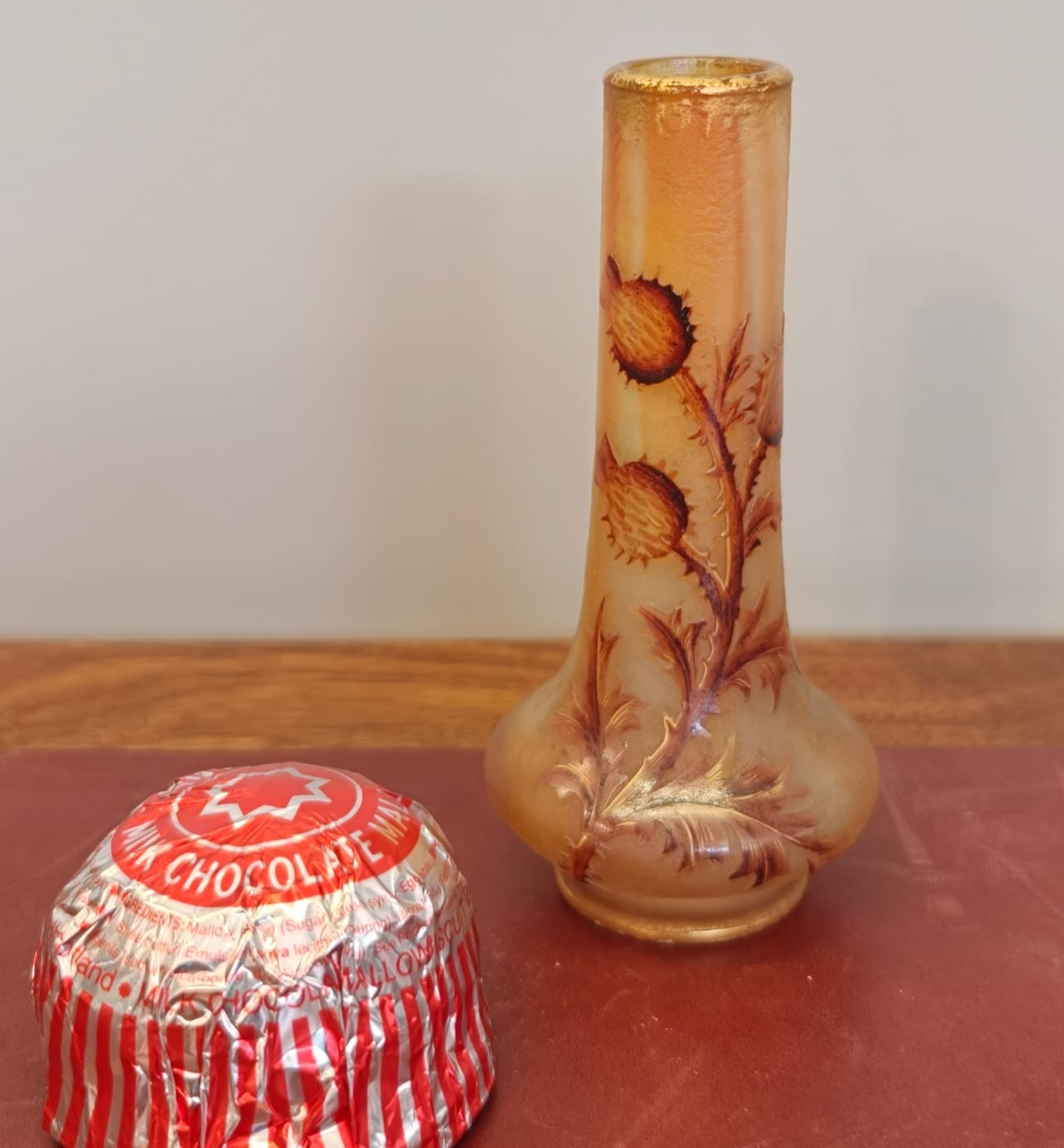 Daum Nancy Acid Etched and Enameled Miniature Thistle Vase