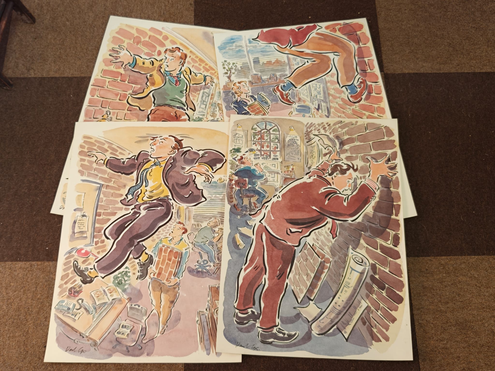 Paul Cox, A Collection of Four Original Narrative Office Illustrations in Watercolor and Ink