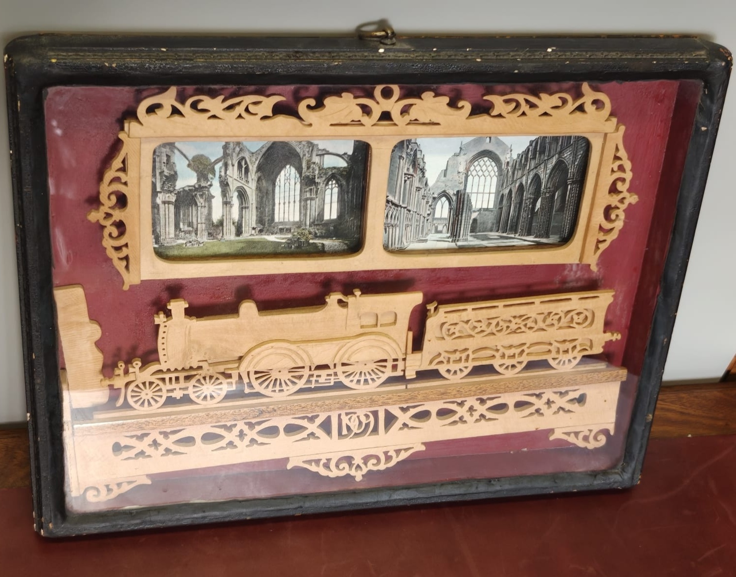 Early 20th Century Fretwork Shadow Box with Locomotive and Abbey 1911