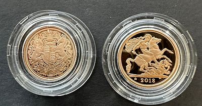 2018 Privy mark Proof and 2022 QEII Memorial Proof 22k gold sovereign coins 8g