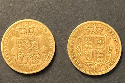 19th Century QV and George IV 22k shield back gold sovereign coins 8g
