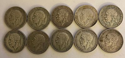 10 x 1936 Silver Florins coins of Higher Grade. good detail noted on hair, beard, harp on most 