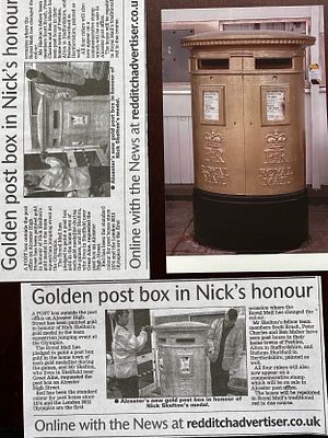 Postal history picture and copy newspaper cutting of gold post box commemorating gold medals 