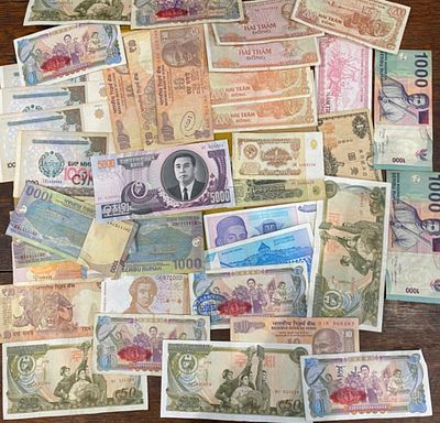 35 world banknotes inc. Asian Korea overprints