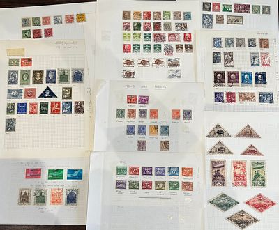 Old Album pages containing hinged mint and used stamps from Europe, single issue, sets / part 
