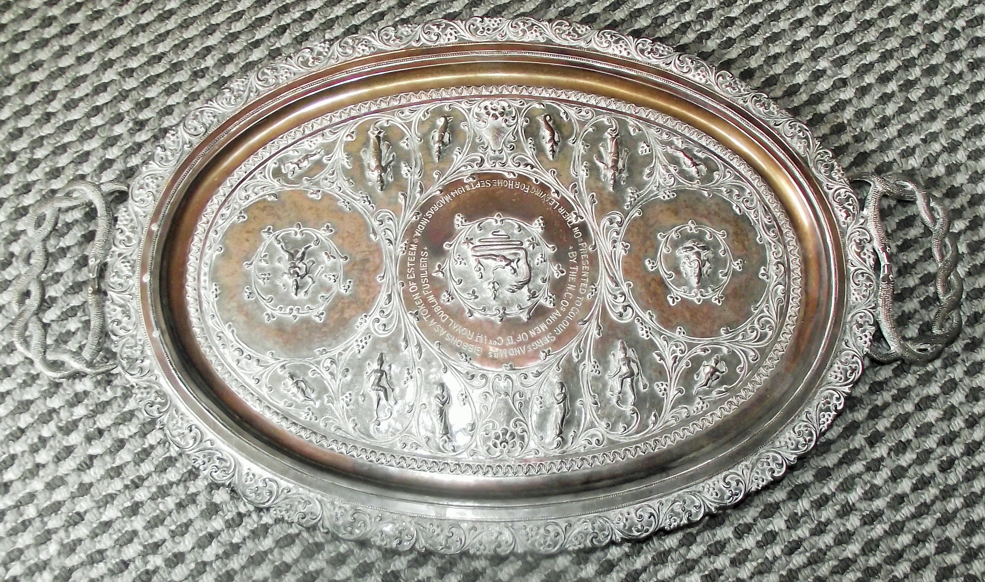 Rare heavily chased Swami style silver plated tray with inscription ( one leg missing damage to handle with new rivet repair, inscription- presented to colour SGT & Mrs Gibbons  by the NCO & men of B Coy 1st Royal Dublin Fusiliers on leaving for home Sept