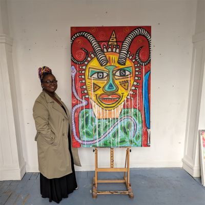 A Chinwe Russell Masterpiece: The IKENGA MASK - A 2022 Original Painting and Artwork on 105x180cm Ca