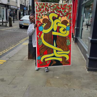 The Temptation of Man - Acrylic on Canvas painting - Louvre exhibited, 103x180cm, signed. Descri 
