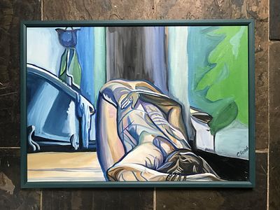 On the bathroom floor 2 By Carly Roach Oil on Canvas 2023. England , Wiltshire 45cm x62 cm 