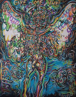 Angel I By Cibo Oil, acrylic, UV paints, gypsum 2014. Birmingham, UK 150 x 120 This large-scale 