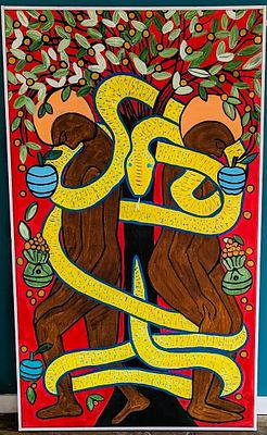 The Temptation of Man - Acrylic on Canvas painting - Louvre exhibited, 103x180cm, signed. Descri 