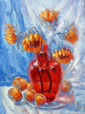 Sunflowers with apricots By Alex Klas Created in 2023 Oil on canvas Artwork Signed. SHIPS 