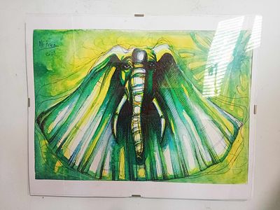 Mariaceleste Arena The emerald elephant Acrylics, watercolors and blue pen on paper 2025 