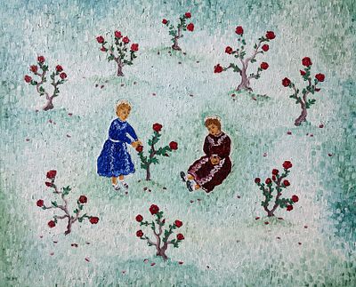 Denisa Mansfield Children with bees in the Rose Garden Oil on Canvas 2022 Colchester, UK. SHIPS 