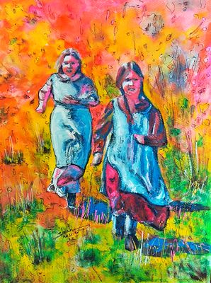 Sarah Hussein Joyful Walk watercolors on paper 2022 Egypt. SHIPS FROM Egypt A young woman in a 