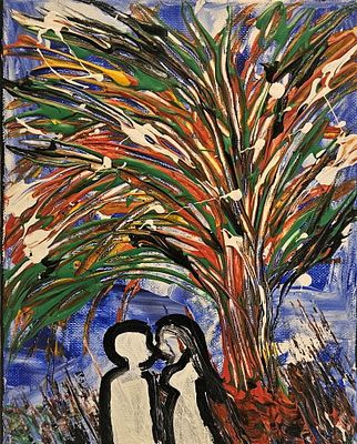 Chinwe Russell - Under the Palm, Original Textured Acrylic on Canvas by Chinwe Russell, Royal 