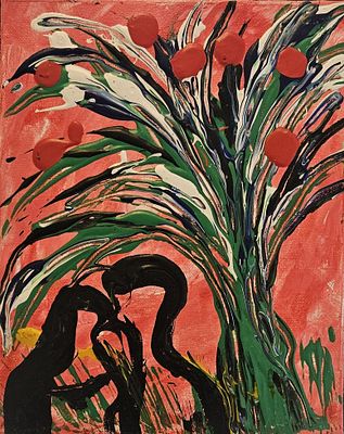 Chinwe Russell - Lovers Beneath the Red Sky – Romantic Acrylic on Canvas by Chinwe Russell, Modern 