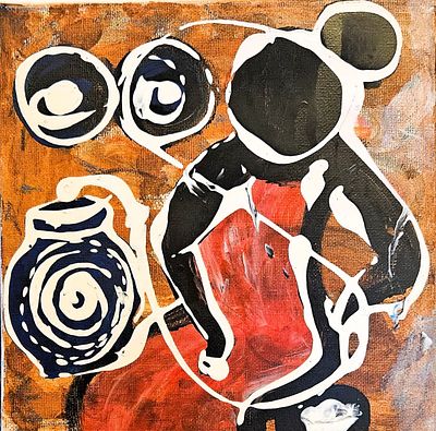 Woman and Pot – Original Na&iuml;ve Contemporary Abstract Figurative Painting by Chinwe Russell. Title 