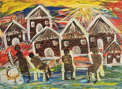 Village Life – Original Acrylic Narrative Painting by Chinwe Russell, African Na&iuml;ve Contemporary. 