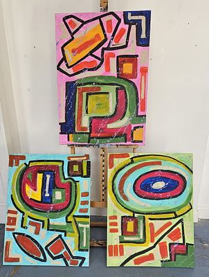 Geometric Vibrance Triptych – Three Original Abstract Acrylics by Chinwe Russell. This vibrant 