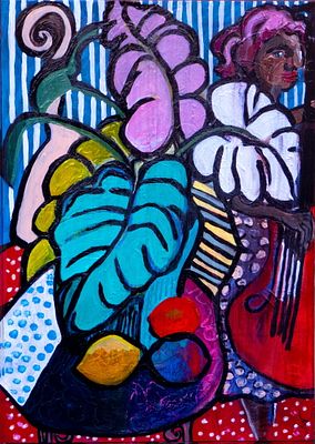 woman's place, woman's space 2 maria kalnars Acrylic, pastel & pencil on wooden panel 2024. SHIPS 