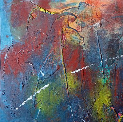 Renew Kimberli Werner Mixed - acrylic, tile adhesive, collage, embossing foil, on wood panel 2025. 