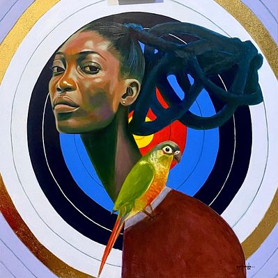 The Target and the Parrot. By Olamide Adesola Oil and Acrylic on Canvass 2025. SHIPS FROM 