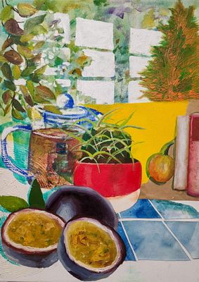 Art Cafe By Lucy Dixon Mixed Media 2025. SHIPS FROM Brighton, England A vibrant still life 