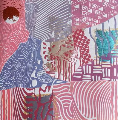 The Strength of the Volcano By Ivonne Portillo Sierra Woodcut and collage on paper 2020. SHIPS 