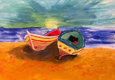 Two little boats By Lesley Farnworth Acrylic 2025. SHIPS FROM Scotland Acrylic on artist board. 