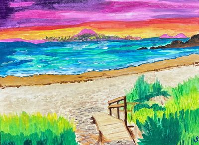 Hot beach By Lesley Farnworth Acrylic 2025. SHIPS FROM Scotland Acrylic on canvas. I spend a 