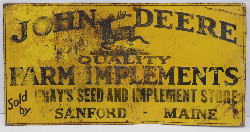 Lot 172: 23.5"x12" SST embossed John Deere Farm Equipment sign for Gray's Seed and Implement Store, Sanford, Maine