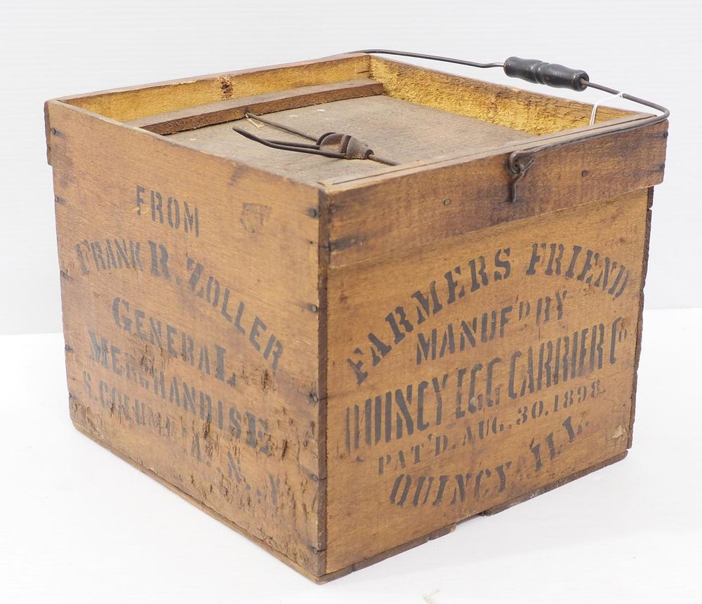 Lot 208: Farmers Friend Quincy Egg Carrier with great stenciling for Frank R. Zoller of S. Columbia, NY