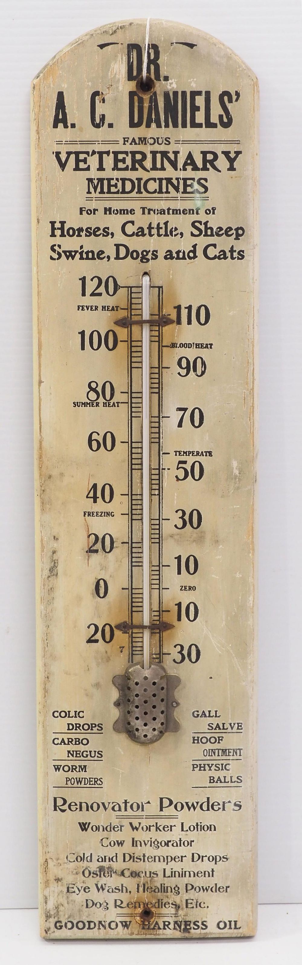 Lot 241: 6"x24" wooden Dr. A.C. Daniels Veterinary Medicine thermometer
