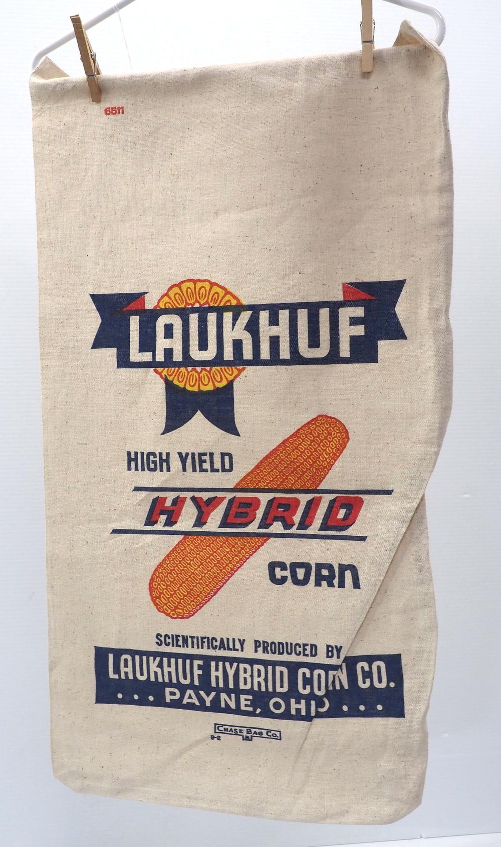 Lot 635: Laukhuf Hybrid Corn cloth seed corn bag, Payne, Ohio